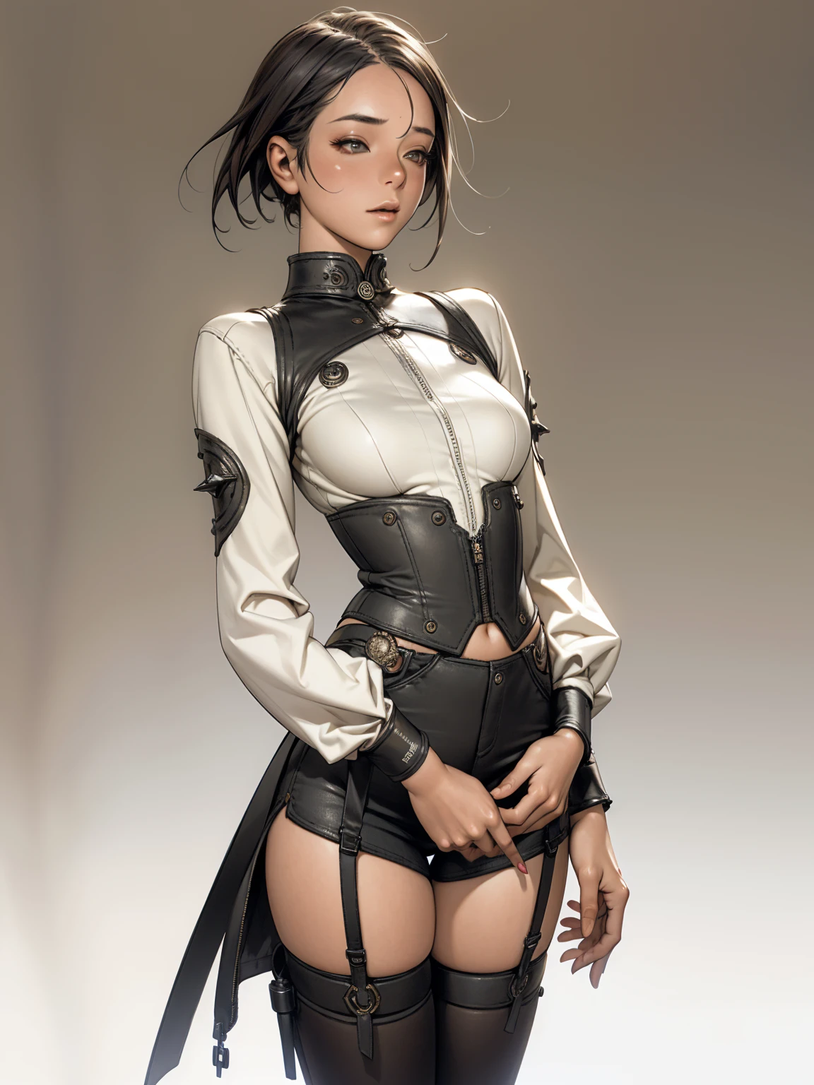 ((best qualityer)), ((work of art)), (detailded:1.4), 3d, an image of a beautiful woman with a perfect body wearing a punk jacket with small spikes and short ripped denim shorts, black leather garter belt, hdr (high-range dynamics),ray tracing,nvidia RTX,Super-resolution,Irreal 5,underground dispersal,PBR Texturing,Post-processing,Anisotropic filtering,Depth of field,Maximum clarity and sharpness,Multilayer textures,Albedo and Specular Maps,Surface shading,Accurate simulation of light-material interaction,perfect proportions,octane rendering,Two-tone lighting,large aperture,Low ISO,White balance,rule of thirds,8K CRU,