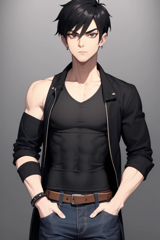 Marshall Lee Handsome 18 year old boy with black hair, brown skin, pointy ears, black eyes, gray tank top, open black jacket, black belt, blue jeans, looking directly at viewer against a white background.
