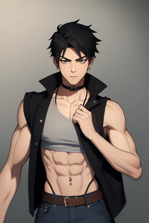 Marshall Lee Handsome 18 year old boy with black hair, brown skin, pierced ears, black eyes, gray tank top, open black jacket, black belt, blue jeans, looking directly at viewer on a white background.