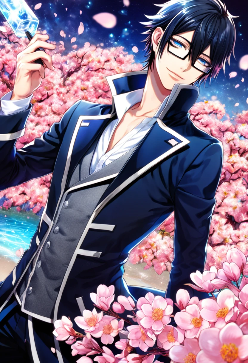 Ultra detailed, highres, absurdres, HDR, master piece, Fushimi Saruhiko, messy black hair, hair between the eyes, expressivee blue eyes, rectangular black glasses, white shirt, a gray waistcoat, long blue overcoat, K Project, fantasy, pink petals, water, pink flowers, handsome, sexy man, solo, magical, best quality, blossoms, handsome smile, blue shining fireflies