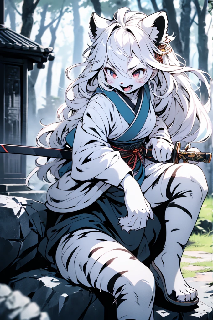 quality\(8K,Extremely detailed CG unit wallpaper, masterpiece,high resolution,top-quality,top-quality real texture skin,Surrealism,提high resolution,RAW photos,Best quality,Very detailed,,light,Ray Tracing,Golden Ratio\),furry,furry,hairy,hairy,White Tiger少女,White Tiger,White Tiger,White Tiger,tiger,White Tiger,White Tiger少女,全身White hair,White Hair,White hair,Snow background,Snow and ice theme,Hanfu,Hanfu下摆,遮住大腿的Hanfu下摆,穿着Hanfu,中式Hanfu,手持Long Sword,Sword in hand,Martial arts style,手持Long Sword的White Tiger少女,Full body close-up,Lean forward,Juhechop,Draw the Sword,Lean over,Lean forward,Girl sitting on the ground,Maiden sitting on a stone,Girl sitting on a boulder,手持Long Sword,持有Long Sword,拿着Long Sword,Long Sword,Long Sword,Long Sword,Highlight the role,Sassy,Cold,poker face,Loose long hair,Loose long hair,Cold气质,Loose long hair,Cold,Blood-red eyes,Maniac