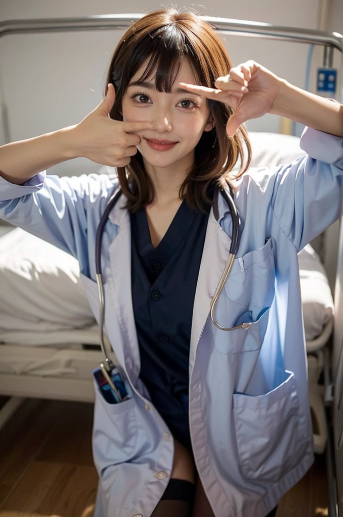POV, (finger frame:1.5), (fullshot:1.2), (masterpiece:1.3), high resolution, ultra detailed, extremely detailed CG unity 8k wallpaper, realistic, photo-realistic, RAW photo, beautiful detailed face, Japanese woman, pale skin, realistic skin, detailed cloth texture, detailed hair texture, Perfect proportion, Beautiful Face, accurate, Anatomically correct, Highly detailed face and skin texture, natural neck length, (beautiful hands), (fair skin:1.2), Thin legs, Thin feet, BREAK Detailed eyes, symmetrical eyes, Light Brown eyes, Double eyelids, Thin eyebrows, (Glossy lips:1.4), (Goddess smile:1.2), BREAK (A Classy and Cute girl:1.3), (Wearing labcoat , scrubs, and stockings:1.2), (medium large breasts:1.2), (slender figure), (Dark brown hair, wavy hair), ((Medium long hair, asymmetrical bangs:1.2)), (looking at viewer:1.2), From front, BREAK, (modern hospital room:1.2),