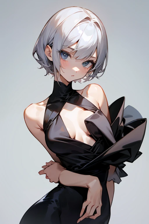 négligé、shortの巻き髪、beautiful girl、black Sleeveless slender、Model Body Type、Ideal Style、 Slim and cute、One off-the-shoulder 、