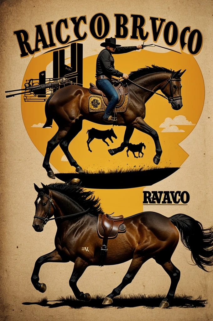 Logo of a record label called RANCHO BRAVO which has a horse, a musical album, a gun,