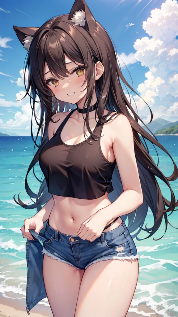(8K、Highest quality、Highest quality、masterpiece)、Detailed face、One Girl、(Brown Skin:1.2)、Long Hair、Yellow Eyes、Grin、(Black tank top、Denim hot shorts、Mini Shorts、Spread pussy under shorts、frontal wedgie、wedgie、Spread vagina under shorts)、labia view、Beach、cloud、vagina、Spread Vagina、spread pussy、Big Breasts、