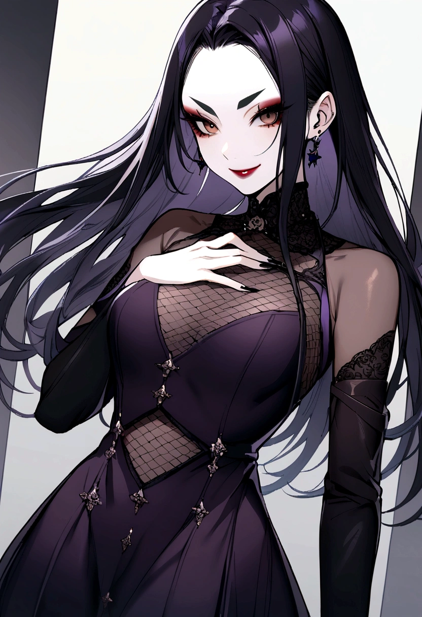 goth woman, Asian, medium breasts, brown eyes, slim eyebrows, long black hair, bangs, black makeup, dark purple dress, smiling, hand on chest, blue star pattern