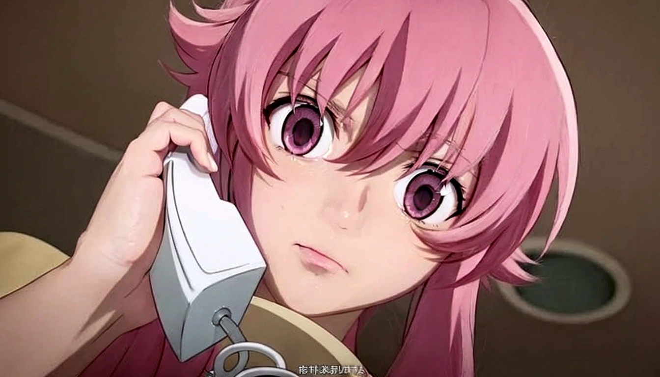 Anime girl with pink hair talking on cell phone., Mirai Nikki, Chica anime llamada Gasai Yuno, normal pink eyes, Gasai Yuno, closeup of another iwakura, Gasai Yuno, Gasai Yuno, she has a nice expressive face, Gasai Yuno, screenshot from a 2012 anime, in the anime movie, scene!!, Shocking