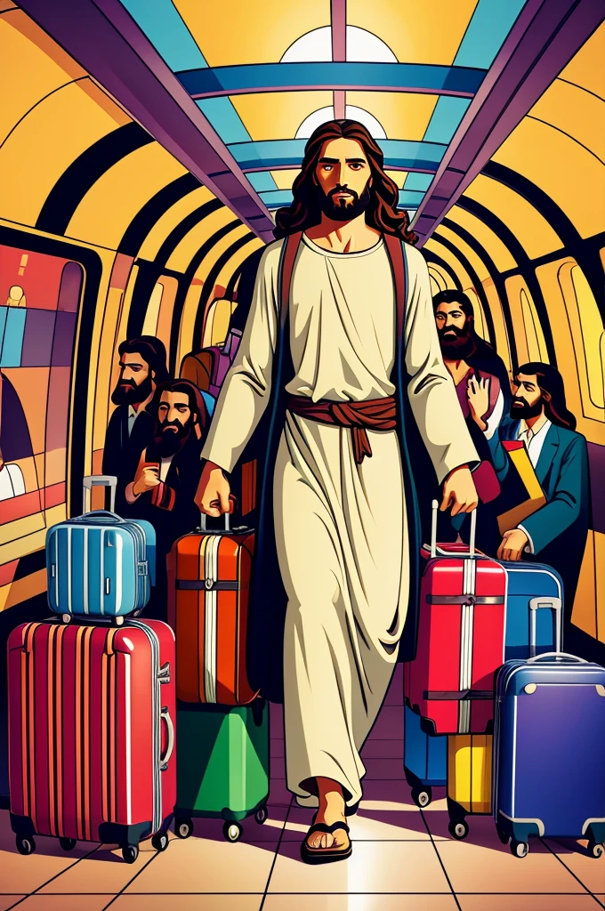 Jesus animated with colors and suitcases heading for a trip