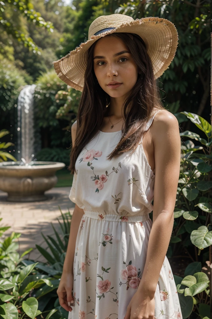 1girl in, 30 years old, Square face, Long hair, Looking at viewer, jewelry, Reality, Sexy, in a flowing A-line, floral dress complemented by a wide-brimmed hat, in a picturesque park or botanical garden