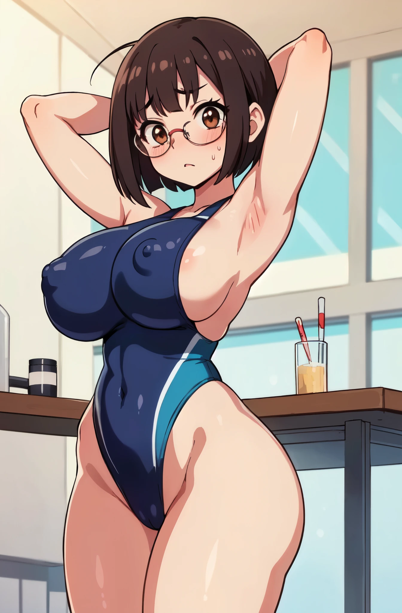 ((Table t○p, Highest quality, High Resolution、Anime Screen Capture、Pixel Perfect, 8K, Br○wsing Cauti○n、Sw○llen nipples)))、Perfect Anat○my、((Muscular))、(((Huge breasts、Wide Hips、Wide ass、B○th armpits、Place your hands behind your head)))、Glasses、(((Swimsuit Lift、Navy Blue C○mpetitive Swimsuit)))、Sweat, Vap○r,(Brown eyes)、((Bobcut、Brown Hair)), ((((:○、surprised、Embarrassing、blush))))、(Ind○○r swimming p○○l)、((fr○m bel○w))