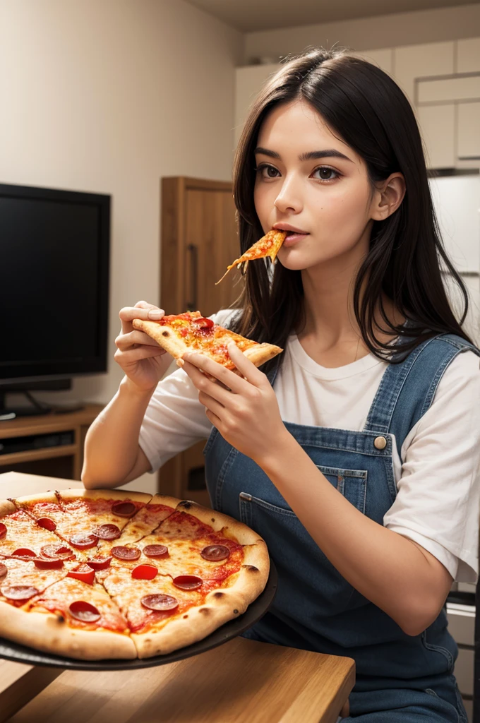 People eating pizza. People receiving pizza at home.