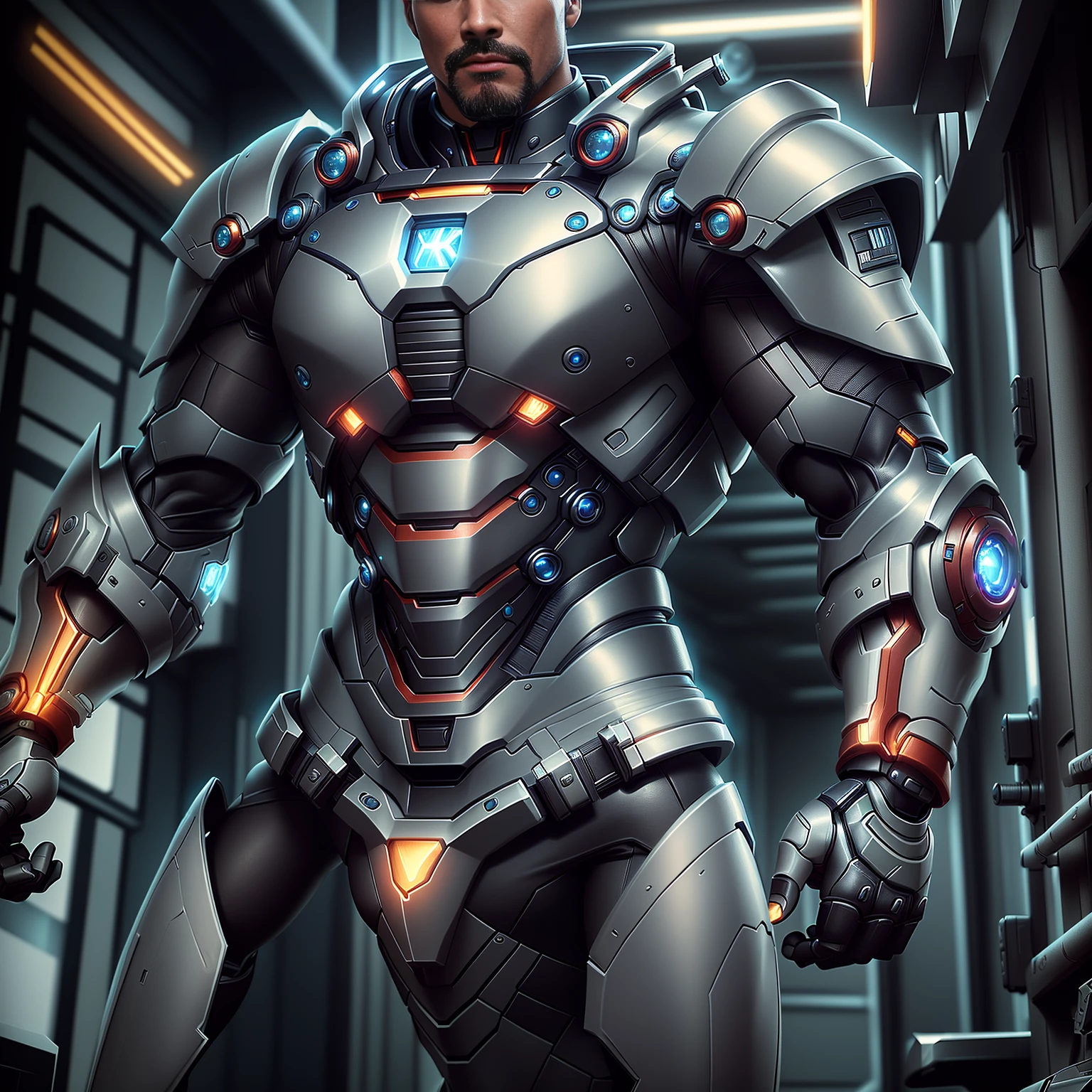 There's a man in a suit standing in a town, robust and attractive male with armor, stylish cyborg armor, full cyber combat suit, 8k 3D rendering character art, cyberpunk iron man, science fiction armor! muscular, reinhardt from overwatch, Wearing futuristic armor, trends in artstation 4k, covered in all-metal armor