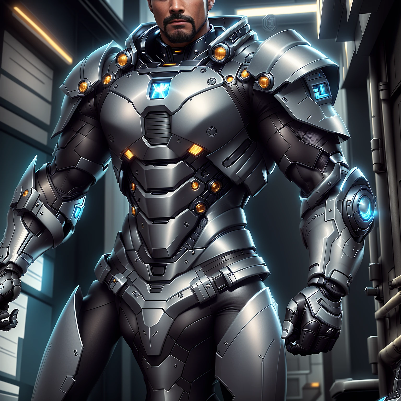 There's a man in a suit standing in a town, robust and attractive male with armor, stylish cyborg armor, full cyber combat suit, 8k 3D rendering character art, cyberpunk iron man, science fiction armor! muscular, reinhardt from overwatch, Wearing futuristic armor, trends in artstation 4k, covered in all-metal armor