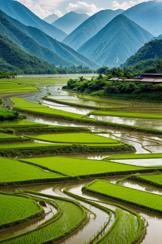Make a photo with a background of rice fields and mountains and flowing water