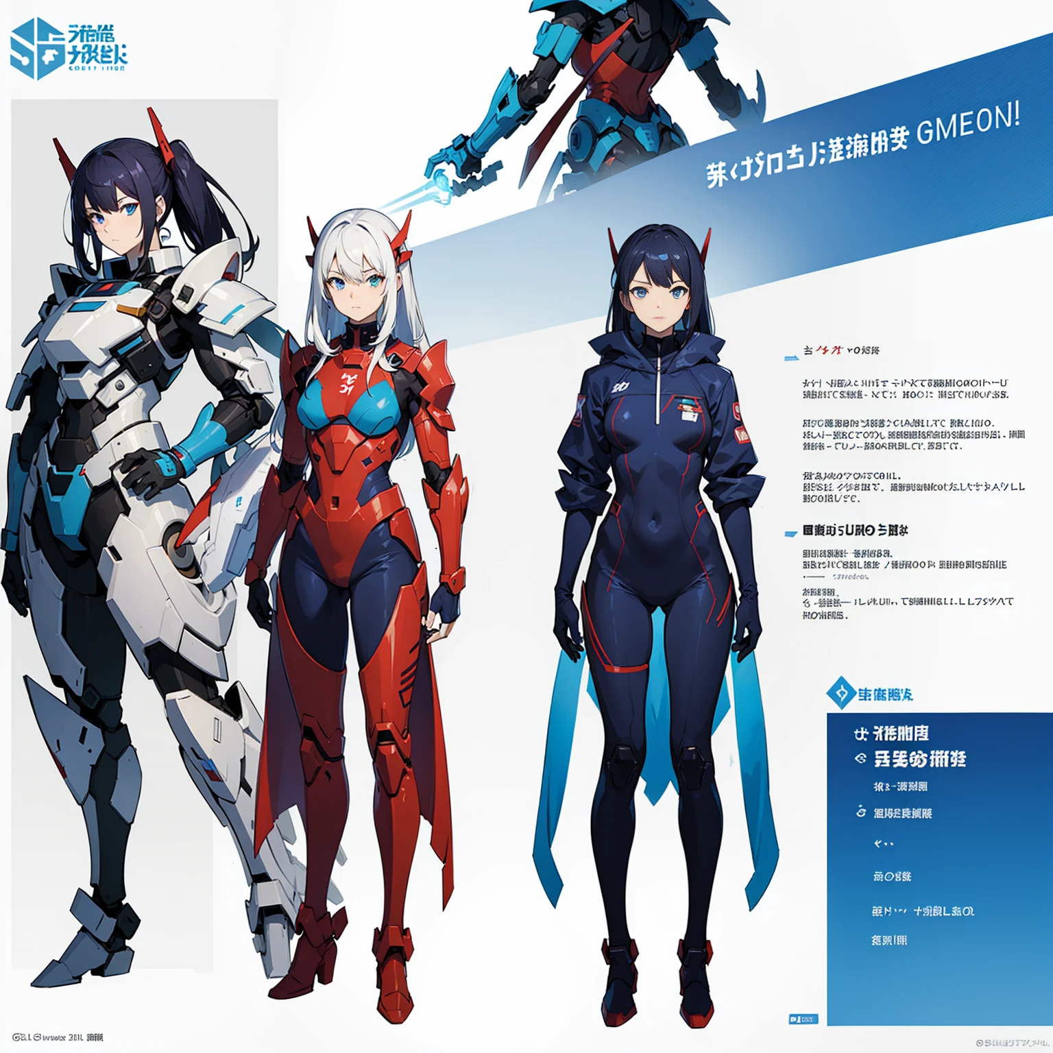(((full body photo))), red blue and white color, femboy wearing a lightly armored jumpsuit, science fiction themes, chest armor, Gundam, best quality, official art, blue eye, front view, view rear, and side view of the character, Long hair