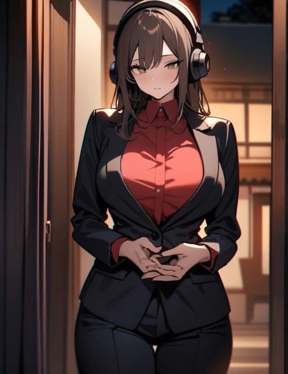 (masterpiece), best quality, expressive eyes, perfect face, demon girl, long light and dark brown hair, brown eyes, perfect round breasts, helmet headphones, elegant black suit, rosy red shirt, black jacket, black pants, thighs thick, perfect arms and hands, the garden of her house, at night, seducing her brother by touching her waist