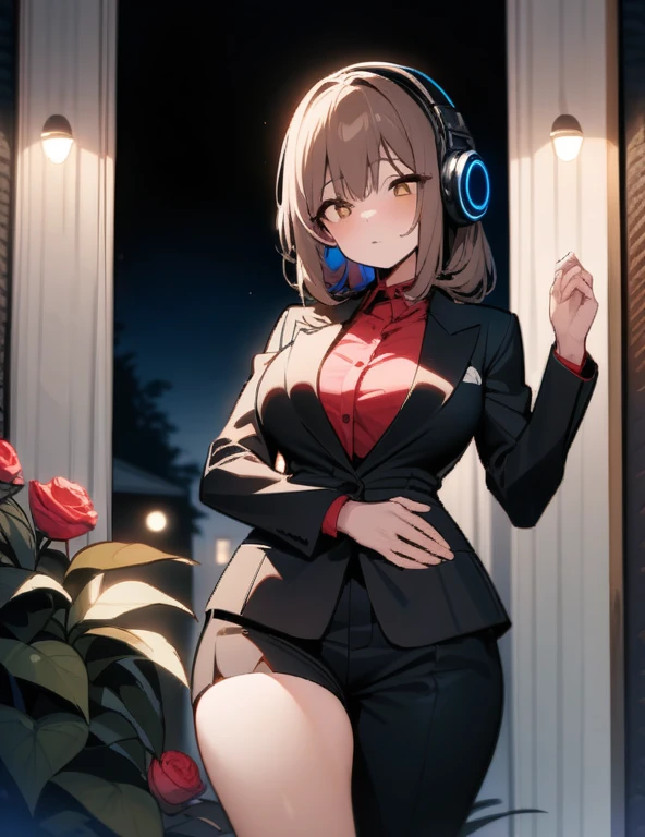 (masterpiece), best quality, expressive eyes, perfect face, demon girl, long light and dark brown hair, brown eyes, perfect round breasts, helmet headphones, elegant black suit, rosy red shirt, black jacket, black pants, thighs thick, perfect arms and hands, the garden of her house, at night, seducing her brother by touching her waist