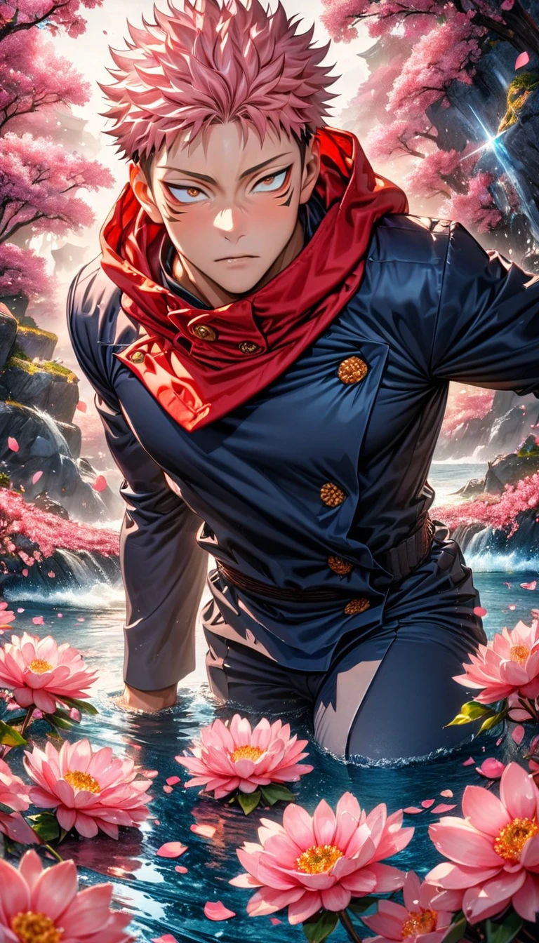 absurdres, highres, ultra detailed, HDR, master piece, best quality, Itadori Yuuji, pink hair, expressive brown eyes, Jujutsu Kaisen, solo, sexy man, handsome, jujutsu uniform, red hoodie, fantasy, shining, water, pink flowers, pink blossoms, pink petals