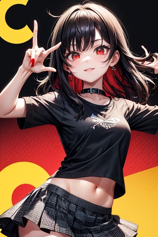 1chica, YOUNG, black hair, Red eyes, black shirt, Checkered mini skirt, pose pointing something