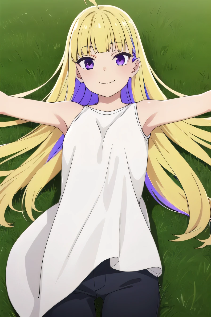 reimiitsushiro, long hair, bangs, blonde hair, (purple eyes:1.1), purple hair, ahoge, multicolored hair, blunt bangs, two-tone hair, smile,
BREAK black shorts, white undershirt , pantyhose, sleeveless, high quality, solo, lying, on back, arms up, spread arms, closed mouth, on grass, (cowboy shot:1.5), looking at viewer, smile, best quality
BREAK (masterpiece:1.2), best quality, high resolution, unity 8k wallpaper, (illustration:0.8), (beautiful detailed eyes:1.6), extremely detailed face, perfect lighting, extremely detailed CG, (perfect hands, perfect anatomy),