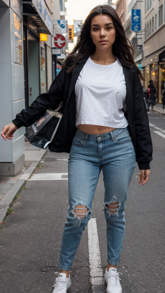 Women, full body, walking sideways, shout sports, sneakers, detailed face, dark hair, returned from shopping, detailed face.