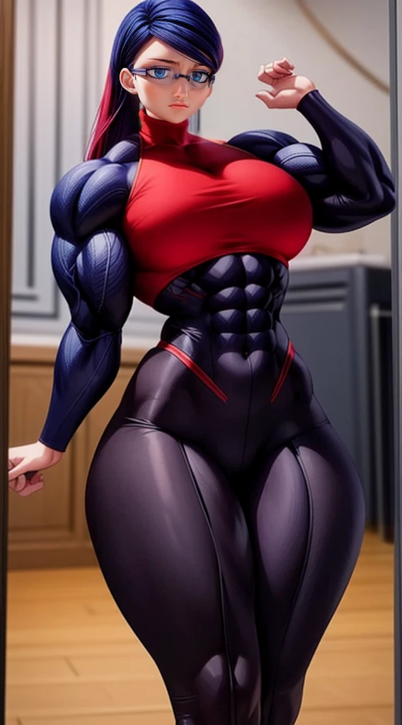 a muscular female bodybuilder in red bra inside office suit and ((her hair is dark blue and red-gradient from end to the right side of head)), detailed face, beautiful detailed eyes, beautiful detailed lips, extremely detailed face and muscles, long eyelashes, strong muscles bulging through suit, dynamic pose, professional studio lighting, hyperrealistic, 8k, high quality, photorealistic, physically-based rendering, concept art, dramatic color palette,((abs)).