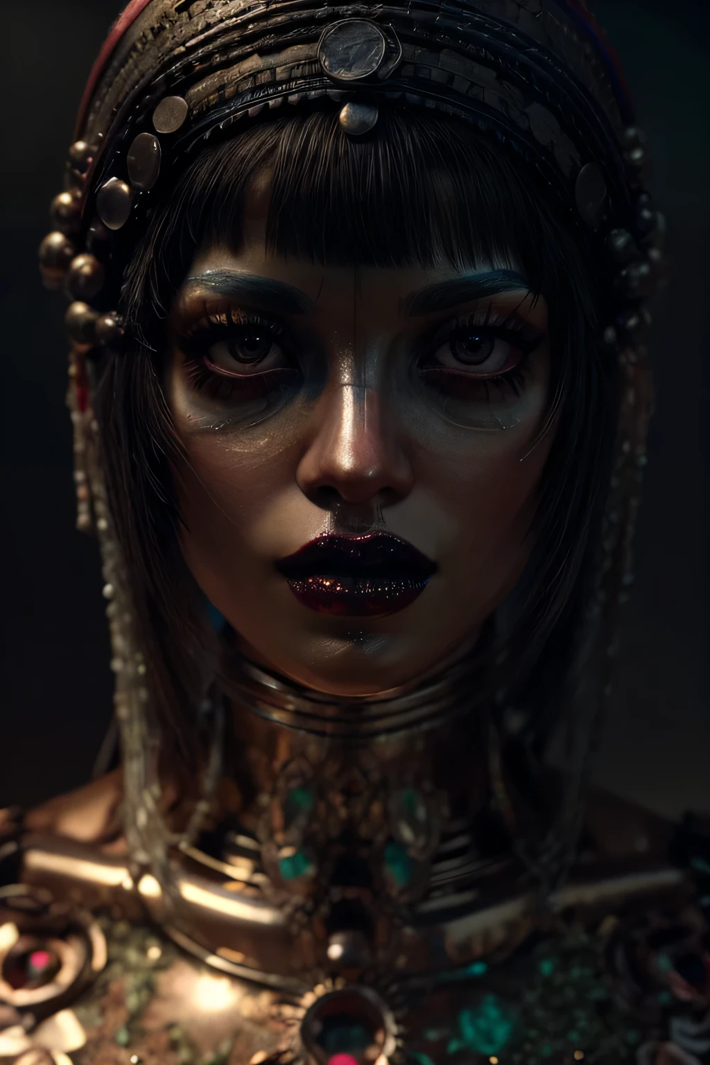 ((upper-body shot)), The Woman in the Machine, mechanical mutation woman, 30 year old biomechanical woman, glow effects, GOD, hand drawn, render, cru, Spitz, 8K, octane rendering, 4d cinema, Blender, tenebrosa, atmospheric 4K ultra detailed, cinematic, sharp focus, big depth of field, work of art, colors, 3d octane rendering, 4K, conceptual artwork, trends on artstation, hyper realist, Vivid colors, extremely detailed CG unity 8K wallpaper, trends at CGsociety, intricate, high détail, dramatic, (lifelike face, Perfect black eyes, red lipgloss stick)