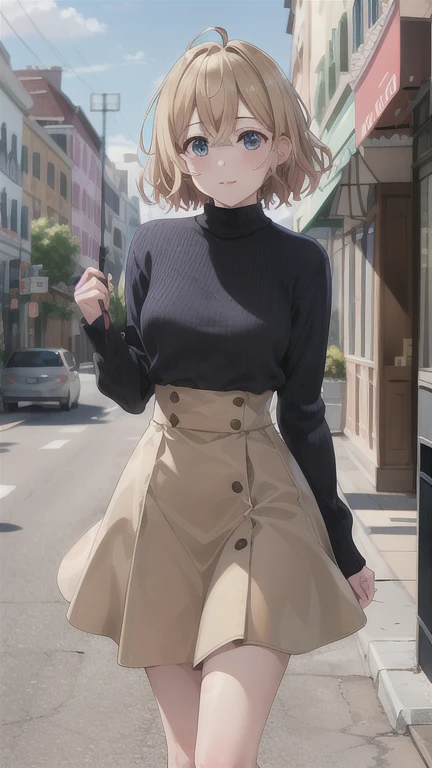 masterpiece, best quality, highres, nm1, sweater, high-waist skirt, cowboy shot, standing, street