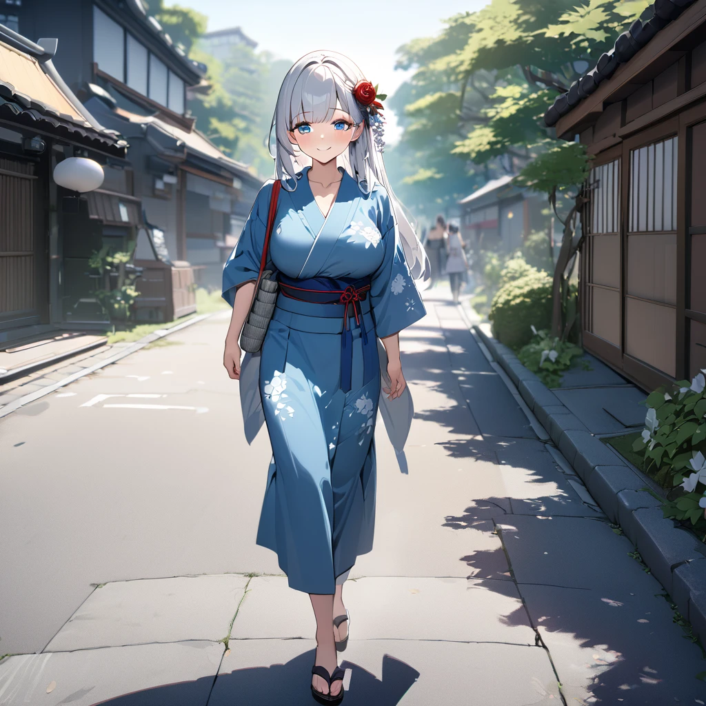 A woman wearing blue yukata with white flower design, white hair, long hair, bangs in her hair, ice blue eyes, red rose in her hair, smiling, big breasts, walking on a concrete sidewalk in a traditional Japanese neighborhood, with trees around bottom.UHD , prime work , accurate , anatomically correct , textured skin , super details , high quality , best quality, 8k, high resolution, bokeh effect. (woman alone)
