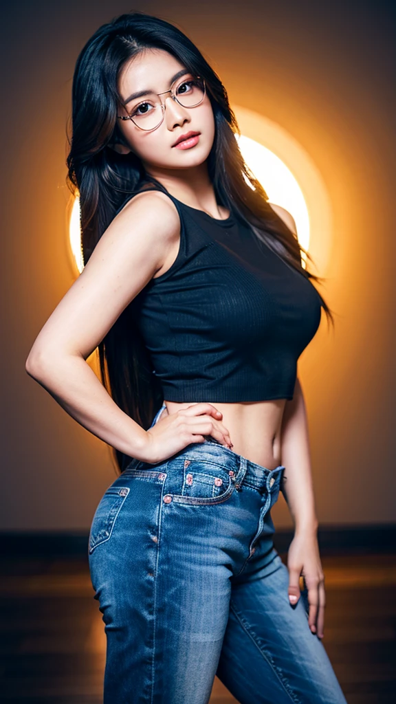 a cute young asian girl with dark skin, glasses, beautiful detailed eyes, beautiful detailed lips, extremely detailed face, long eyelashes, tight blue jeans, tight crop top, mid sized butt, high heels, looking at camera, detailed background, cinematic lighting, warm colors, photorealistic, 8k, high quality, digital art
