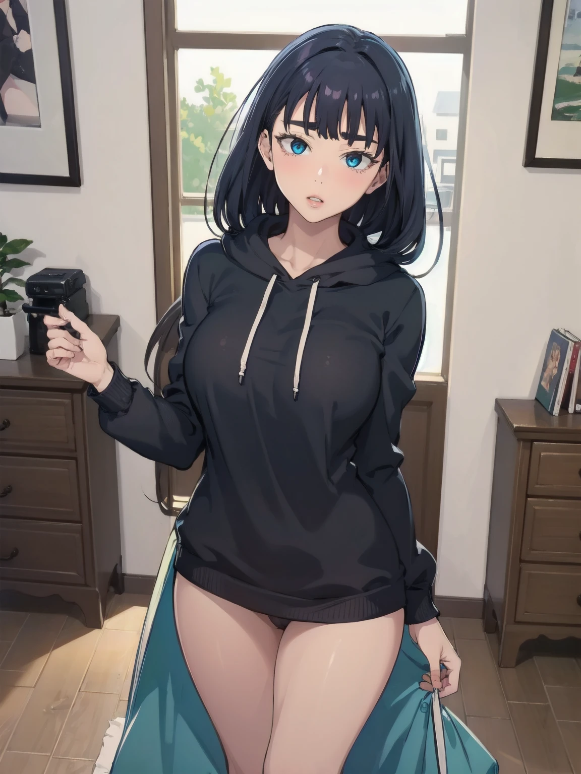 JooRidef, black hair, long hair, blue eyes, large breasts,
1girl, solo, looking at viewer,Large hoodie, no pants
masterpiece, best quality, standing up, 4k, ultra hd, masterpiece, wallpaper, 26 year old woman, mature woman, perfect image, ultra sharp image, lips seperated, 3/4 body image, indoors, close up, long sleeve, looking all the way up at viewer