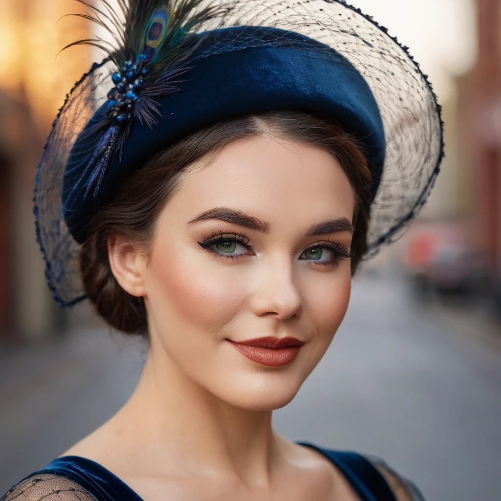 A stunning Victorian-era beauty posing on a misty street, shrouded in a veil of fog. She wears a classic velvet vintage dress, adorned with a delicate feathered hat perched atop her raven tresses. Her eyes are pools of deep sophistication, with detailed brows and lashes framing their shape. Her lips curve into a subtle smile, accentuating the gentle contours of her face. The studio lighting casts a warm glow, with vivid colors and sharp focus rendering every detail with precision. In the background, the bokeh effect creates a soft, dreamy atmosphere.