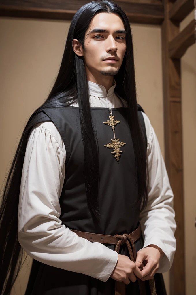 Man with long black hair in medieval clothing