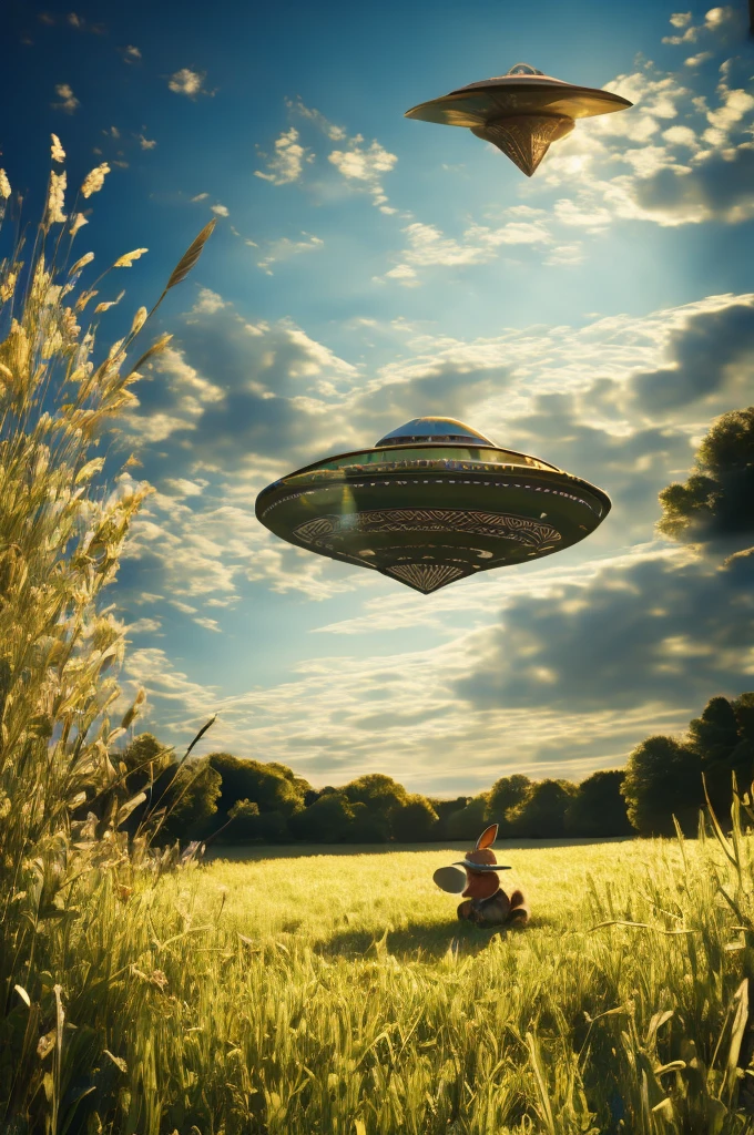 a small anthropomorphic rabbit dressed as robin hood carrying a bow and arrow crouching in the grass as he looks up to a giant UFO in a field nearby, masterpiece, best, photo realistic