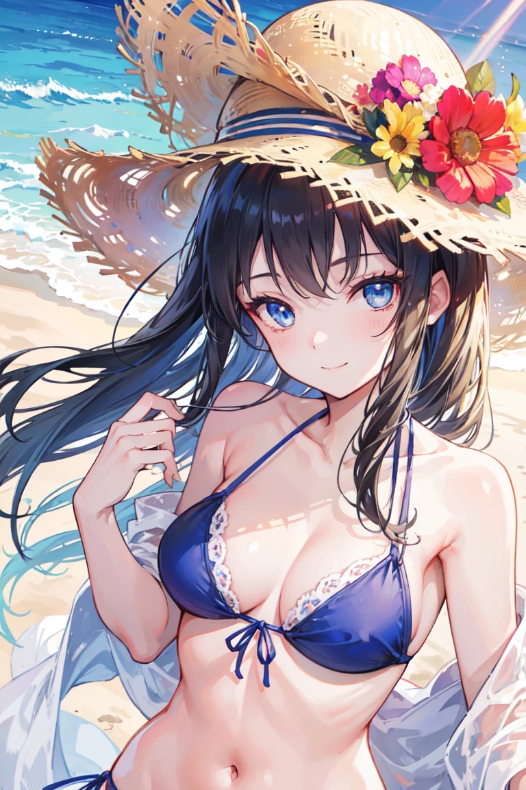 One girl, long tied brunette hair, smile, blue eyes, Wink, View your viewers, Wearing a bikini, flower straw hat, (Beach), (sunset), evening, masterpiece, 8K, Perfect lighting, The perfect outfit, Perfect Anatomy, Perfect Eyes, Perfect Face, Sharp resolution, (Face close-up)