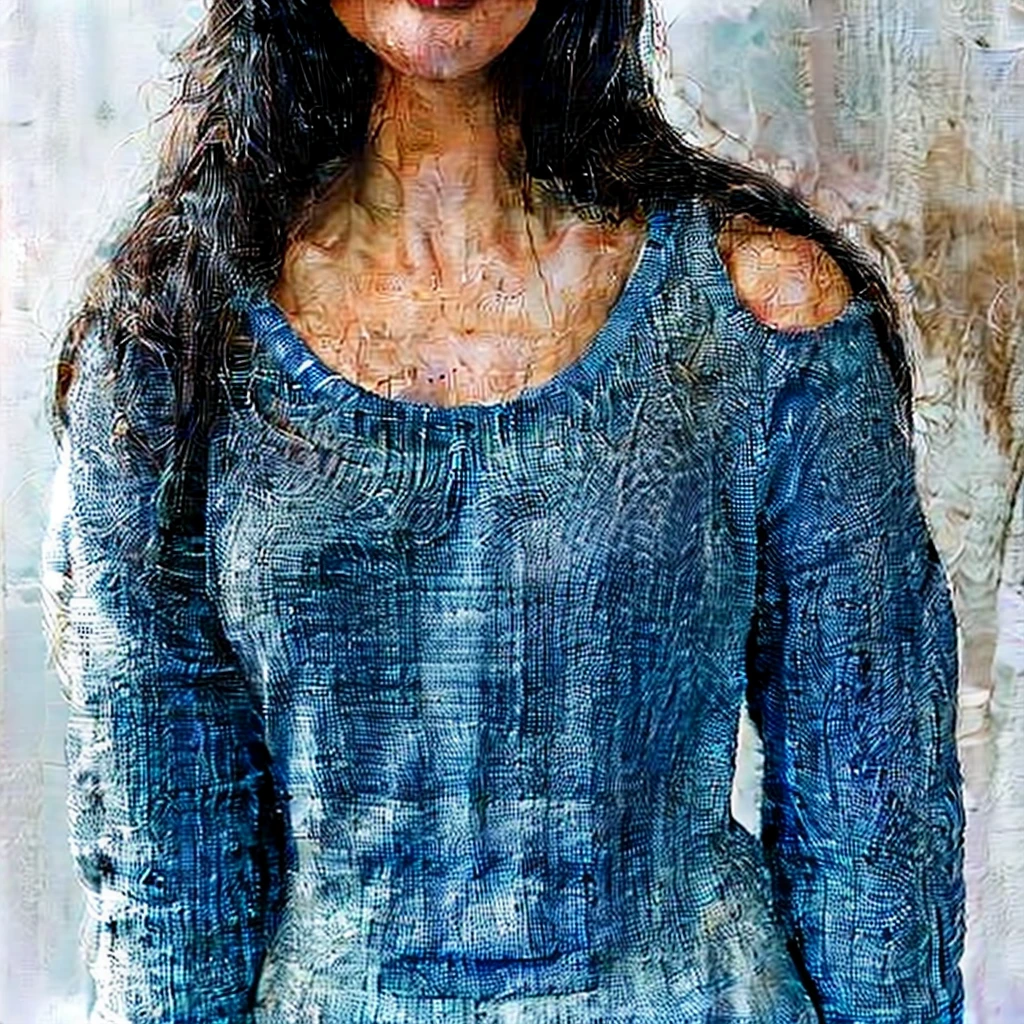 girl in white knitted sweater, blue jeans, long dark hair, big chest
