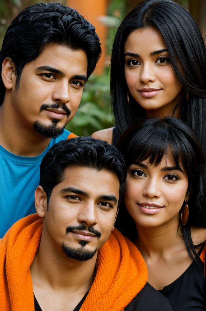 Create a photo of a Latino couple, she with medium black hair, the one with black hair and goatee and an orange cat