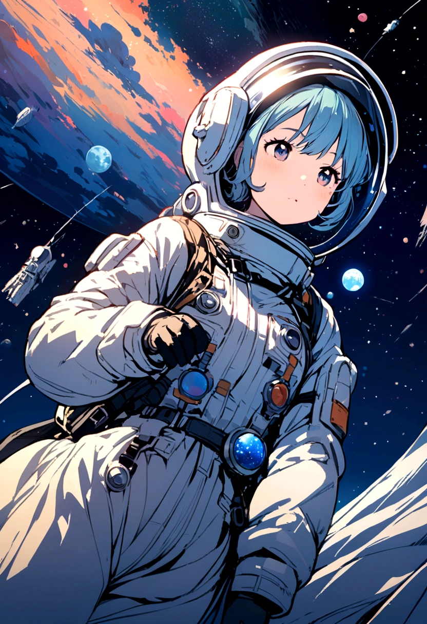 Create traveling astronauts in the style of a cawboy(Huge breasts:1.4)