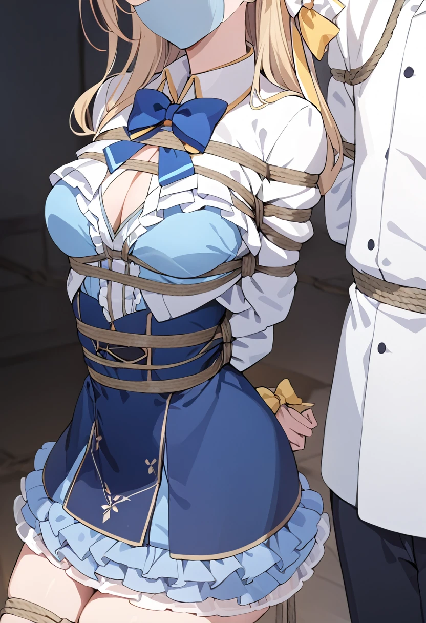 masterpiece, best quality, highres, 1girl euphyllia hair bow yellow bow hair ornament, blue dress white jacket open jacket white capelet white shirt blue bowtie frills standing, Master piece, (best quality), perfect eyes, bound, bondage, (arms behind back:1.4), bdsm, tape gag, rope, rope bondage, close-up, restrained, standing ,best anatomy,thigh