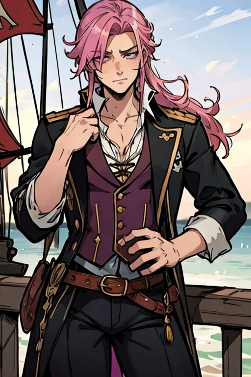 A handsome pink haired man with violet eyes with long hair in a pirate's uniform is leaning on the railing of a pirate ship with a blush