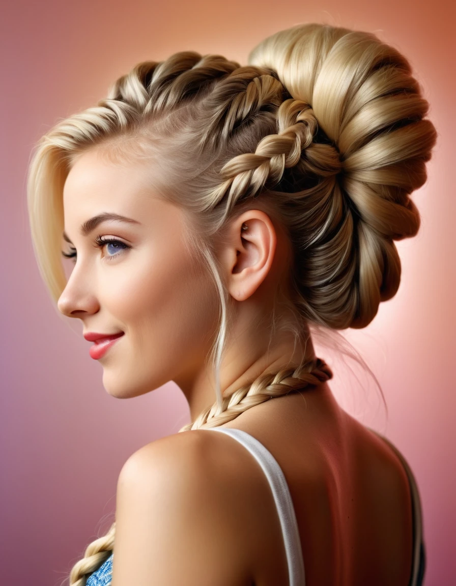 very attractive 25 year old caucaseian girl with long platinum blonde hair, hyperrealistic rendition, ultra detailed, realistic, high definition, (eye level, headshot:1.2) of photo, smiling, side view, she is wearing geta, her hair is styled as dutch braided updo, BREAK she is (in the toilet:1.1), cinematic lighting, Agfa Vista ,technicolor, in the style of Martin Schoeller