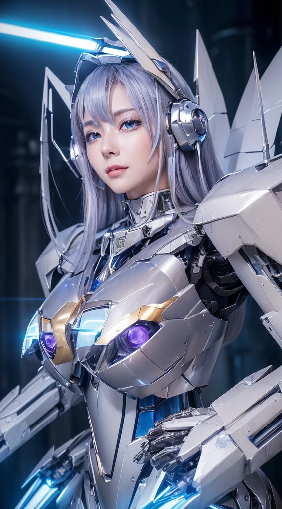((Intense action pose:1.6))、((Shining lenses on both breasts:1.3))、((A blue pillar of light is emitted from the lens.:1.3))、smile、((8K)), ((32k)), ((Highest quality)), ((masterpiece)), ((超A high resolution)), ((Tmasterpiece)), ((Halation:1.4))、((Mechaニカルheadgear:1.2))、((Cyber headphones:1.3))、Fine skin, High quality fabric, Fine metal texture、((Beautiful and dense face))、RAW Photos、Professional, Ultra-fine painting, ((alone)), Beautiful breasts、Highest quality, Very detailed, Very detailed詳細, Finer details, so beautiful, ((Princess Knight Robot:1.2)), (Joints of machines, Mechanical Limbs:1.3), (The internal structure of the machine is exposed:1.3), (Long silver hair:1.1), (Beautiful and huge mechanical breasts)、White Veil, cowboy_shot, Side Focus, headgear, Shiny、(Five Fingers, Four fingers and thumb),Concept Art, Anime fantasy artwork, Detailed fantasy art, (with pale blue-violet hair and large white wings,,,,,,,), (((Long silver hair))), (Mecha:1.6)、Sleek and intimidating design, ((Commander-in-Chief'arm)), (Perfect robot body)、純白と青紫armまたは, Symmetrical wings, 8K high quality, detailed art, 3D rendering of character art in 8K, neat legs, Defined, Defined fingers,