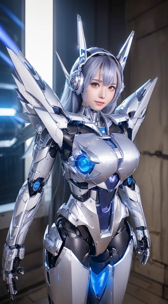 ((Intense action pose:1.6))、((Shining lenses on both breasts:1.3))、((Blue pillars of light are emanating from both chests.:1.3))、smile、((8K)), ((32k)), ((Highest quality)), ((masterpiece)), ((超A high resolution)), ((Tmasterpiece)), ((Halation:1.4))、((Mechaニカルheadgear:1.2))、((Cyber headphones:1.3))、Fine skin, High quality fabric, Fine metal texture、((Beautiful and dense face))、RAW Photos、Professional, Ultra-fine painting, ((alone)), Beautiful breasts、Highest quality, Very detailed, Very detailed詳細, Finer details, so beautiful, ((Princess Knight Robot:1.2)), (Joints of machines, Mechanical Limbs:1.3), (The internal structure of the machine is exposed:1.3), (Long silver hair:1.1), (Beautiful and huge mechanical breasts)、White Veil, cowboy_shot, Side Focus, headgear, Shiny、(Five Fingers, Four fingers and thumb),Concept Art, Anime fantasy artwork, Detailed fantasy art, (with pale blue-violet hair and large white wings,,,,,,,), (((Long silver hair))), (Mecha:1.6)、Sleek and intimidating design, ((Commander-in-Chief'arm)), (Perfect robot body)、純白と青紫armまたは, Symmetrical wings, 8K high quality, detailed art, 3D rendering of character art in 8K, neat legs, Defined, Defined fingers,