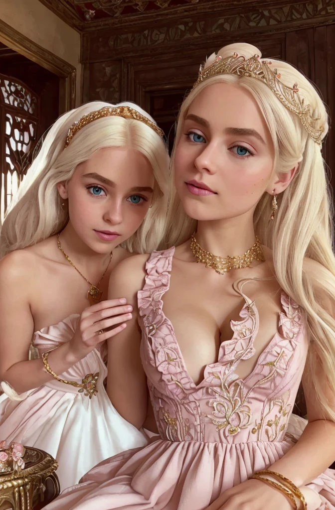 White Blonde hair, fluffy hair, stylish hair, long hair, lilac eyes, perfect eyes, beautiful, perfect face, tween, dainty , short, kind, curvy, a flowing pale airy gown with ruffles along the bottom with tiny pink flowers and gold dragon embroideries with flowers, Her tiara had a pretty teal gemstones, silver necklace, noble class, royal, royalty, red castle, feasting hall, medieval, elegant surroundings, soft dewy makeup look, light peach blush, soft tan eyeshadow, light coral lipstick, cutesy, girlish, girly, guileless, ingénue, princess , whimsical lighting, Targaryen, dragons in the sky, photorealistic