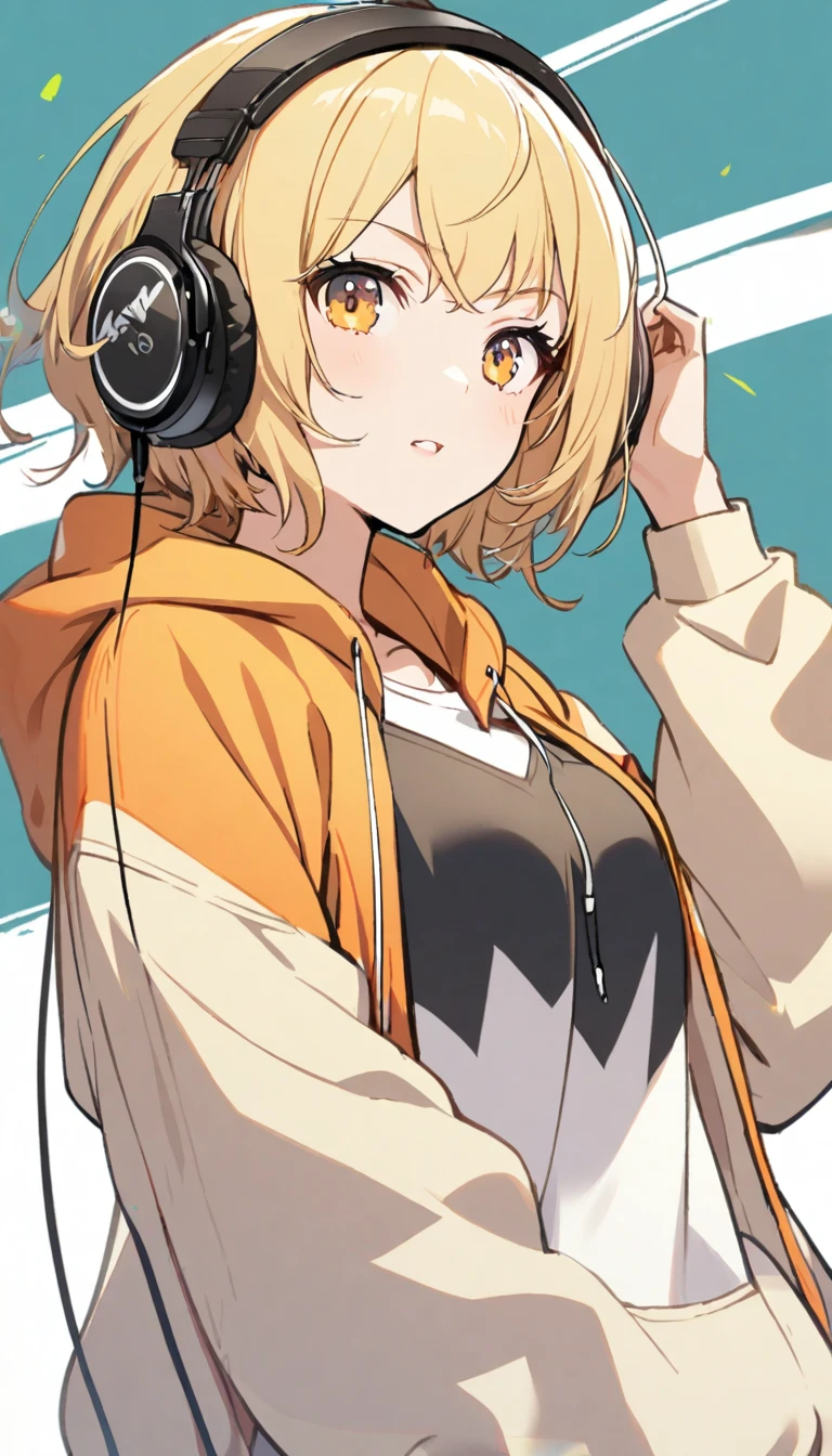 1girl, blond hair, short hair, headphone, hoodie