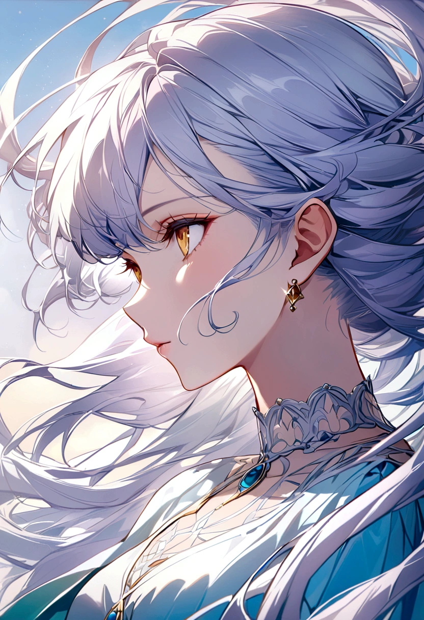 (Landscape photo, with a woman in the bottom right of photo:1.5, gray white background:1.5, fantasy), Masterpiece, best quality, (very detailed CG unity 8k wallpaper), (best quality), High definition RAW color art, Animation,sculptures, white Skin, (((Ultra detailed elegant))), Magical atmosphere, Detailed skin, Texture,(Intricately detailed, Fine detail, ultra-detail art), Silky Touch, Hyper Detail, beautiful yellow eyes, elegant face, (upper body focus), silver hair, The wind is blowing, portrait, bracelet, pastel purple, medium breast, blue and white clothing, profile, dress