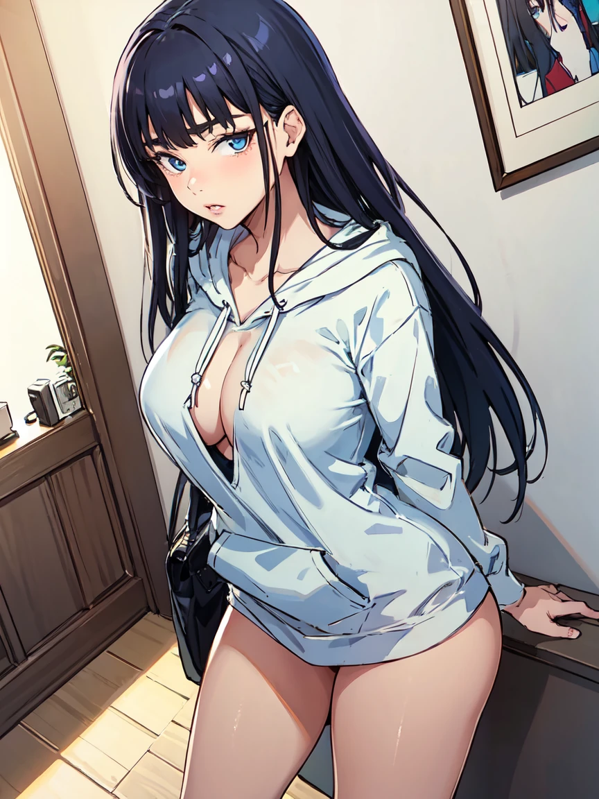 JooRidef, black hair, long hair, blue eyes, large breasts, 
1girl, solo, looking at viewer,Large hoodie, no pants
masterpiece, best quality, standing up, 4k, ultra hd, masterpiece, wallpaper, 26 year old woman, mature woman, perfect image, ultra sharp image, lips seperated, 3/4 body image, indoors, close up, long sleeve, looking all the way up at viewer