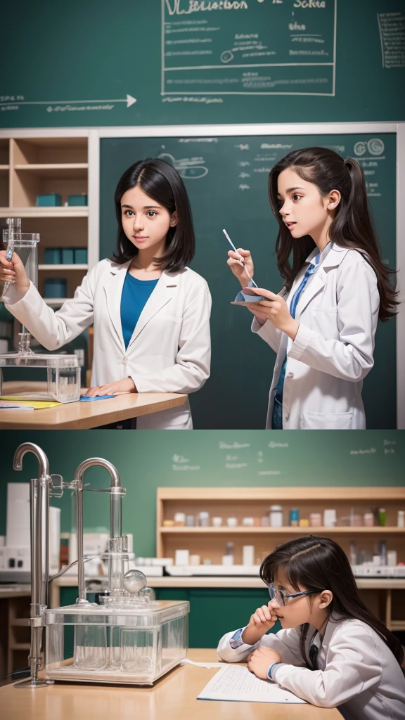 **Viñeta 1:**
Storyteller: In a small school laboratory, two students are about to discover the fascinating world of acids and bases.
(Drawing of the laboratory with Ana and Luis)
