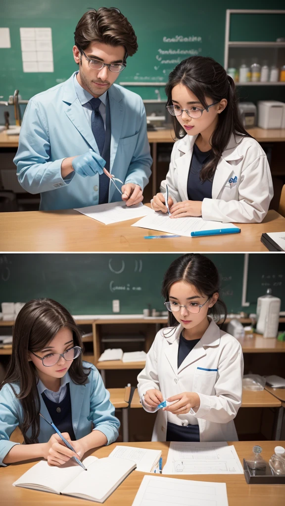 **Viñeta 1:**
Storyteller: In a small school laboratory, two students are about to discover the fascinating world of acids and bases.
(Drawing of the laboratory with Ana and Luis)