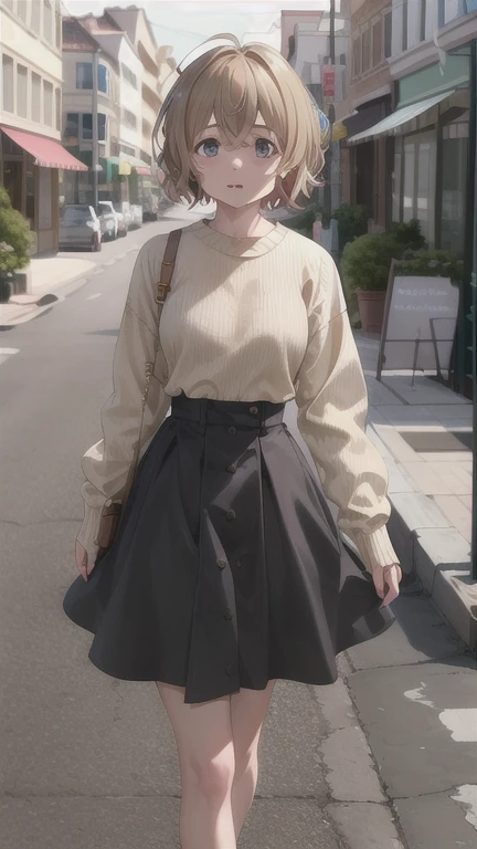 masterpiece, best quality, highres, Nanami Mami, sweater, high-waist skirt, cowboy shot, standing, street